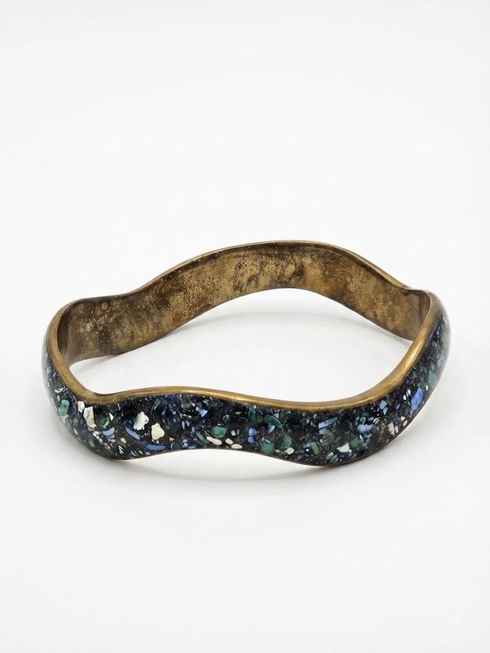 Vintage Brass Wavy Bangle, Blue & Green Mosaic Chip Inlay Statement Bracelet